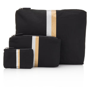 Travel Bag Set - Set of Three Packs - Hi Love Black with Metallic Silver and Gold Stripes
