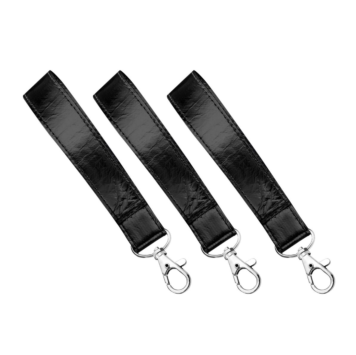 Three black wristlet straps with keychain clasps, isolated on a white background.