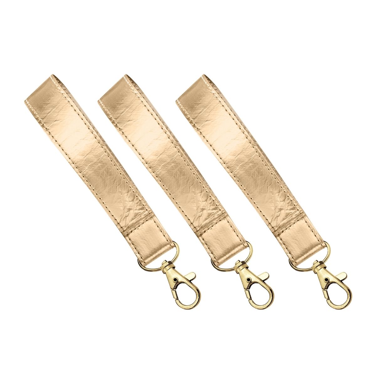Three gold wristlet straps or keychains with metallic finish and clasp hooks.