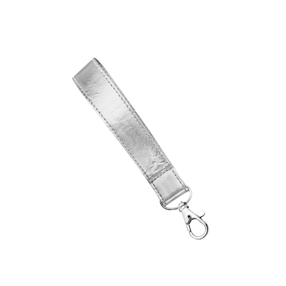 A silver wrist strap with a keychain clasp.