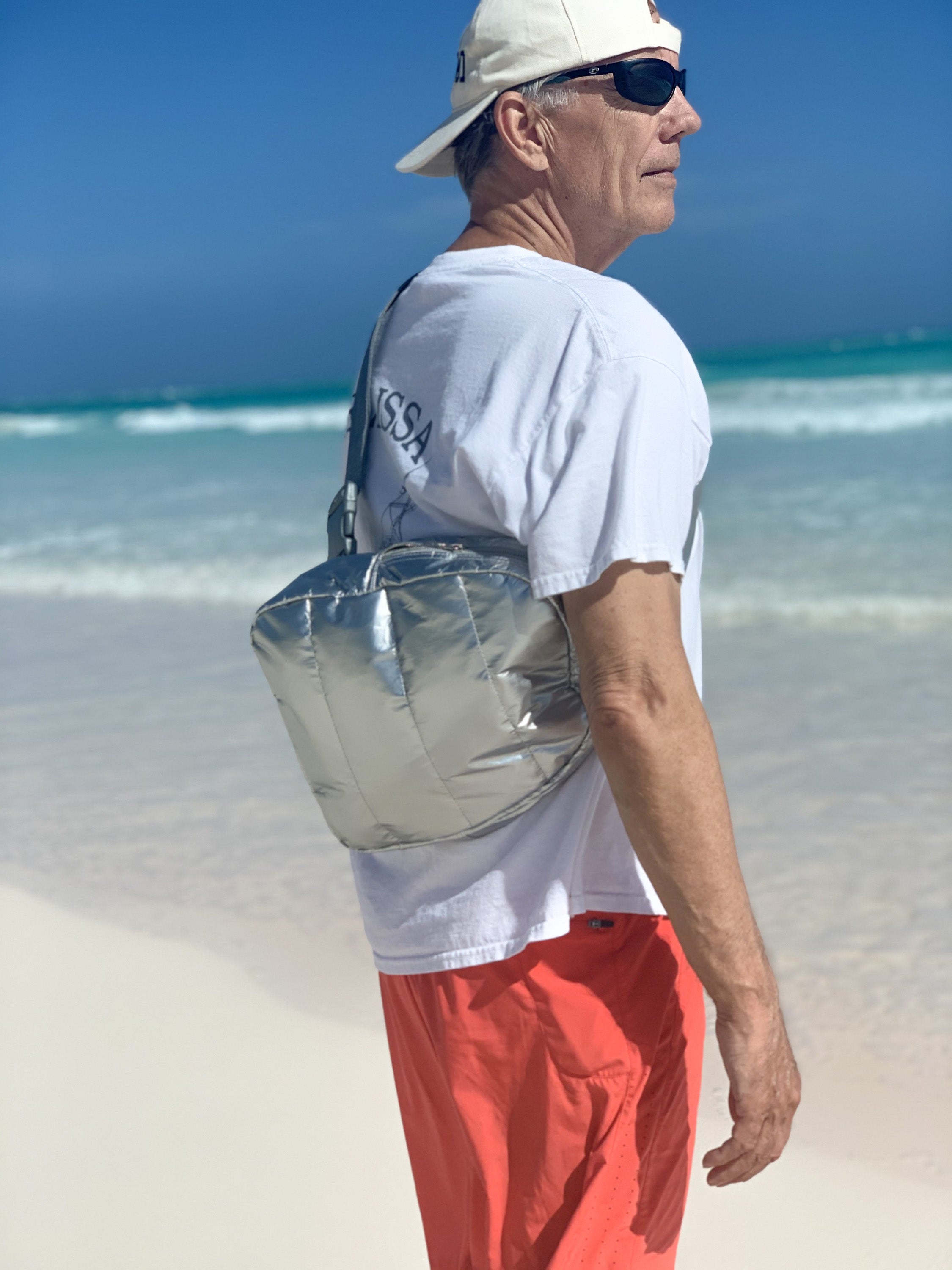 Puffer Crossbody Backpack & Water Bottle Holder in Silver – Hi Love