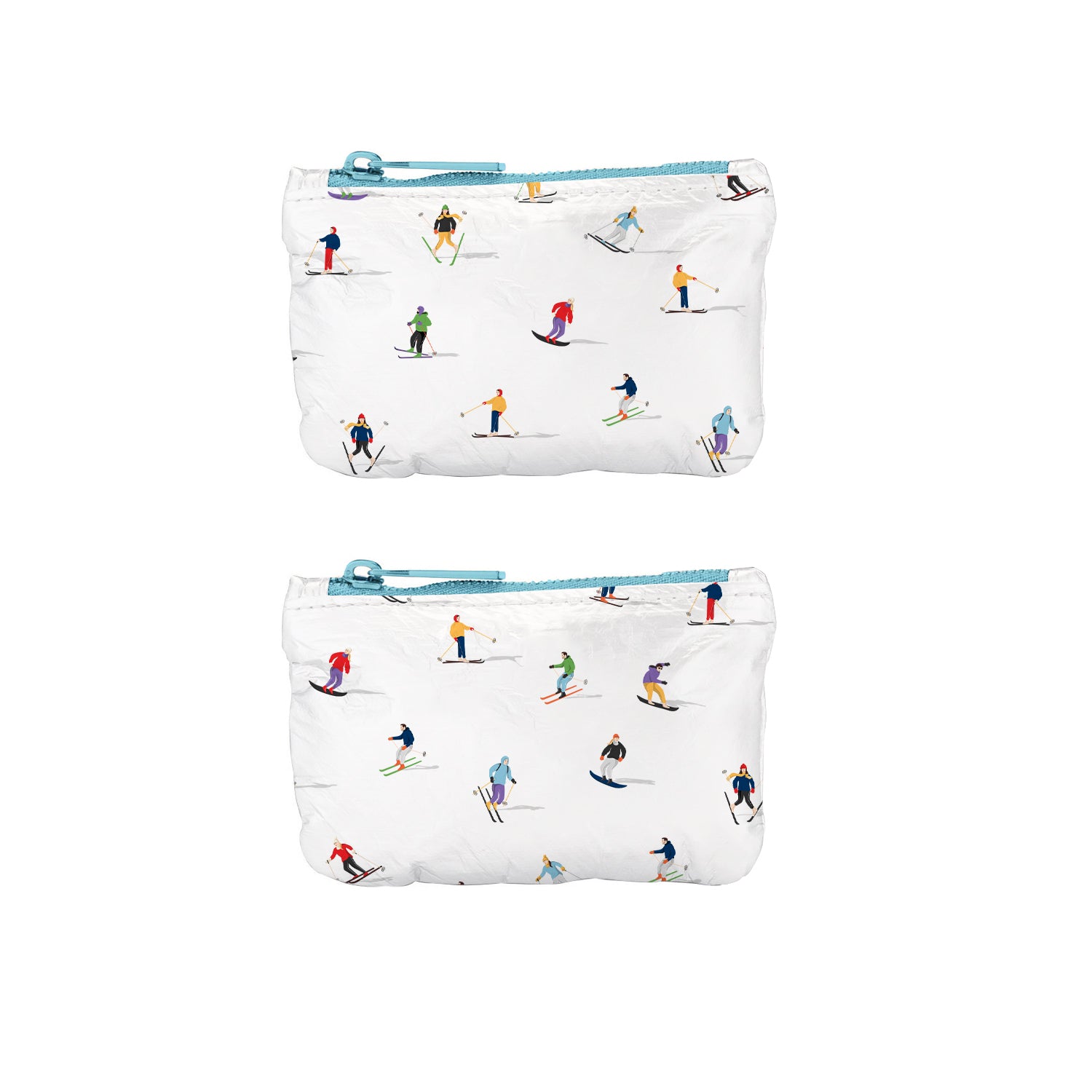 Gift Card size pouch set of two in dancing skier pattern with blue zipper