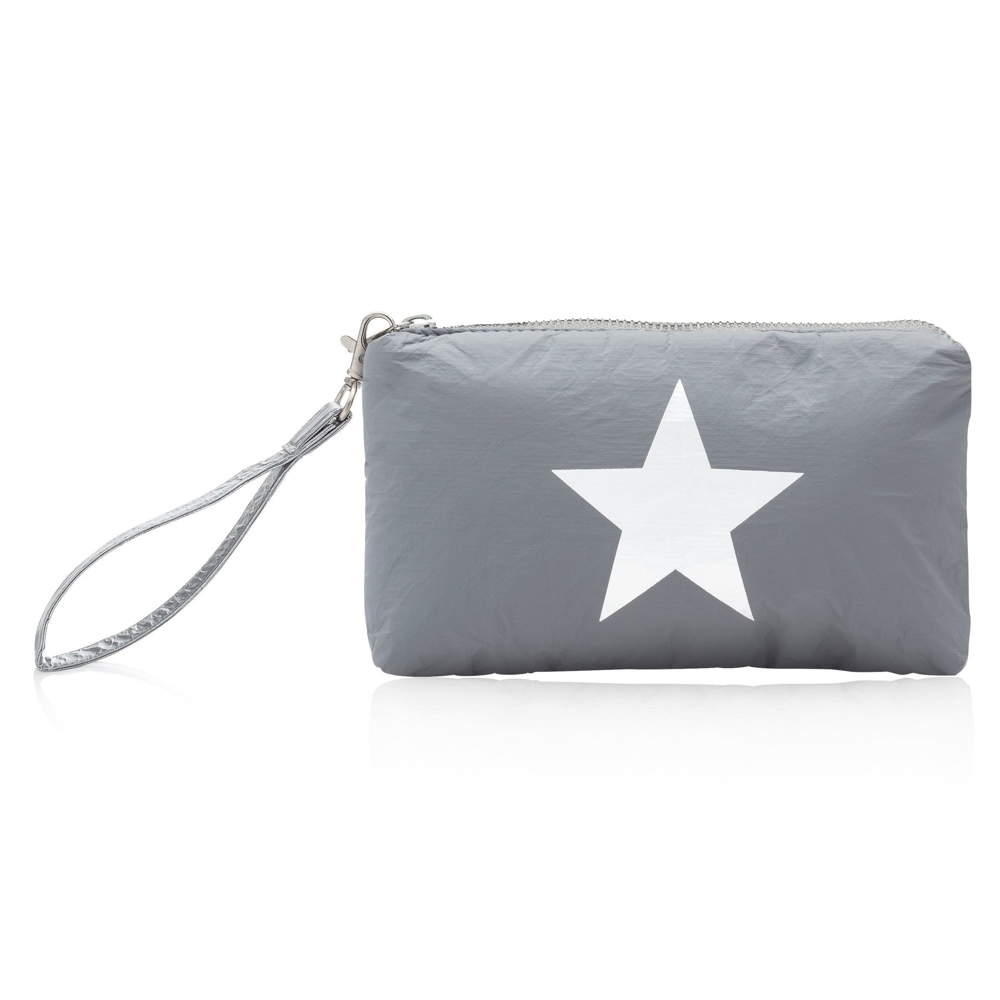 A cool gray wristlet bag with a silver star on it, featuring a detachable wristlet strap on white background 