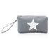 A cool gray wristlet bag with a silver star on it, featuring a detachable wristlet strap on white background 
