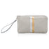 A wristlet pouch with earth gray color, featuring silver and gold vertical stripes, with a detachable wrist strap.