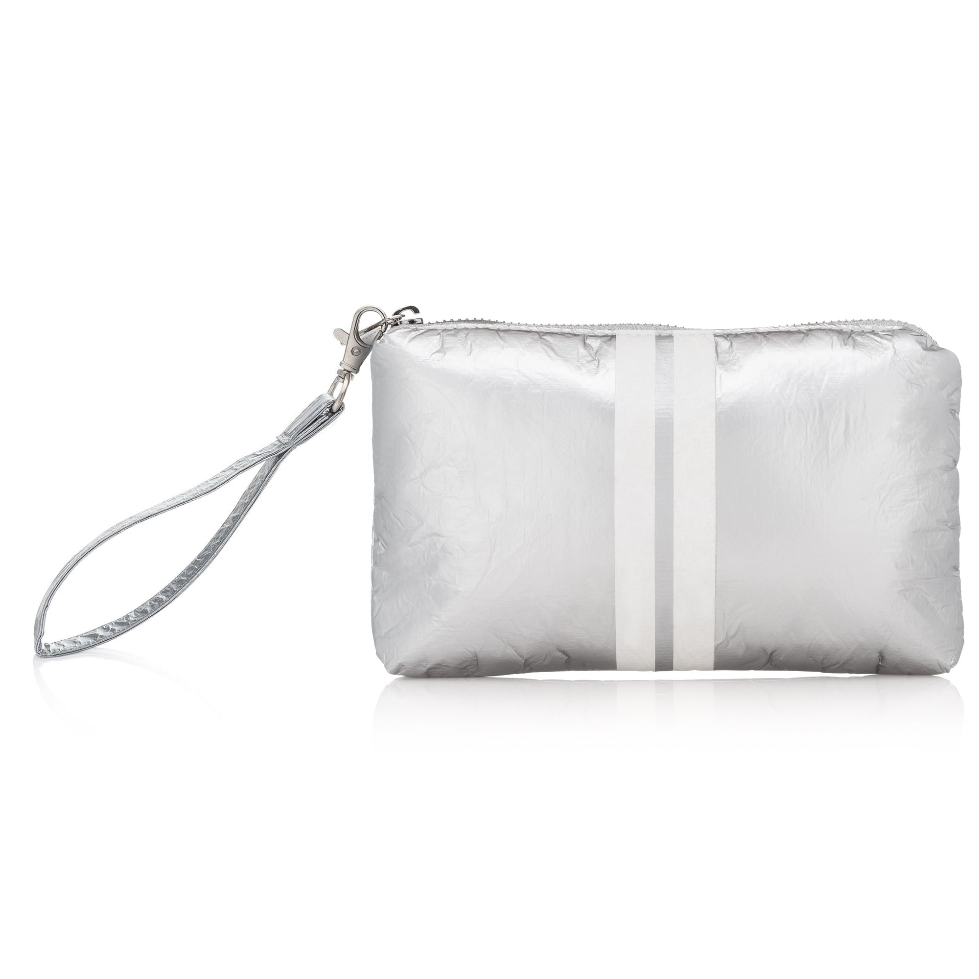 Wristlet in Silver with White Stripes shown against a white background, with wrist strap and vertical white racing stripe down the front