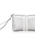 Wristlet in Silver with White Stripes shown against a white background, with wrist strap and vertical white racing stripe down the front