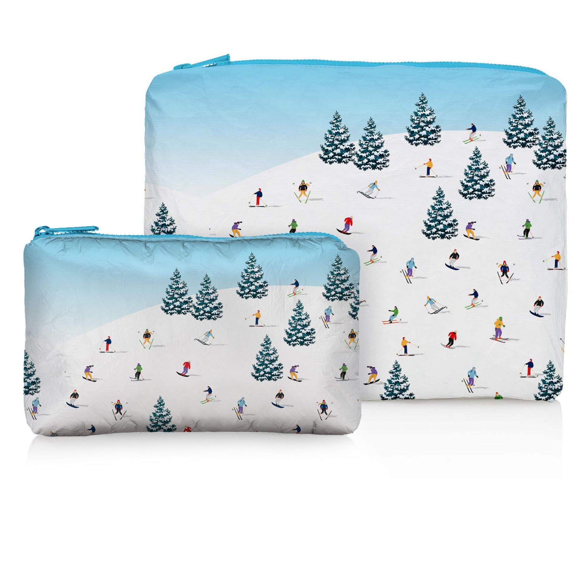 Pouch Set of Two in dancing skiers bluebird sky pattern
