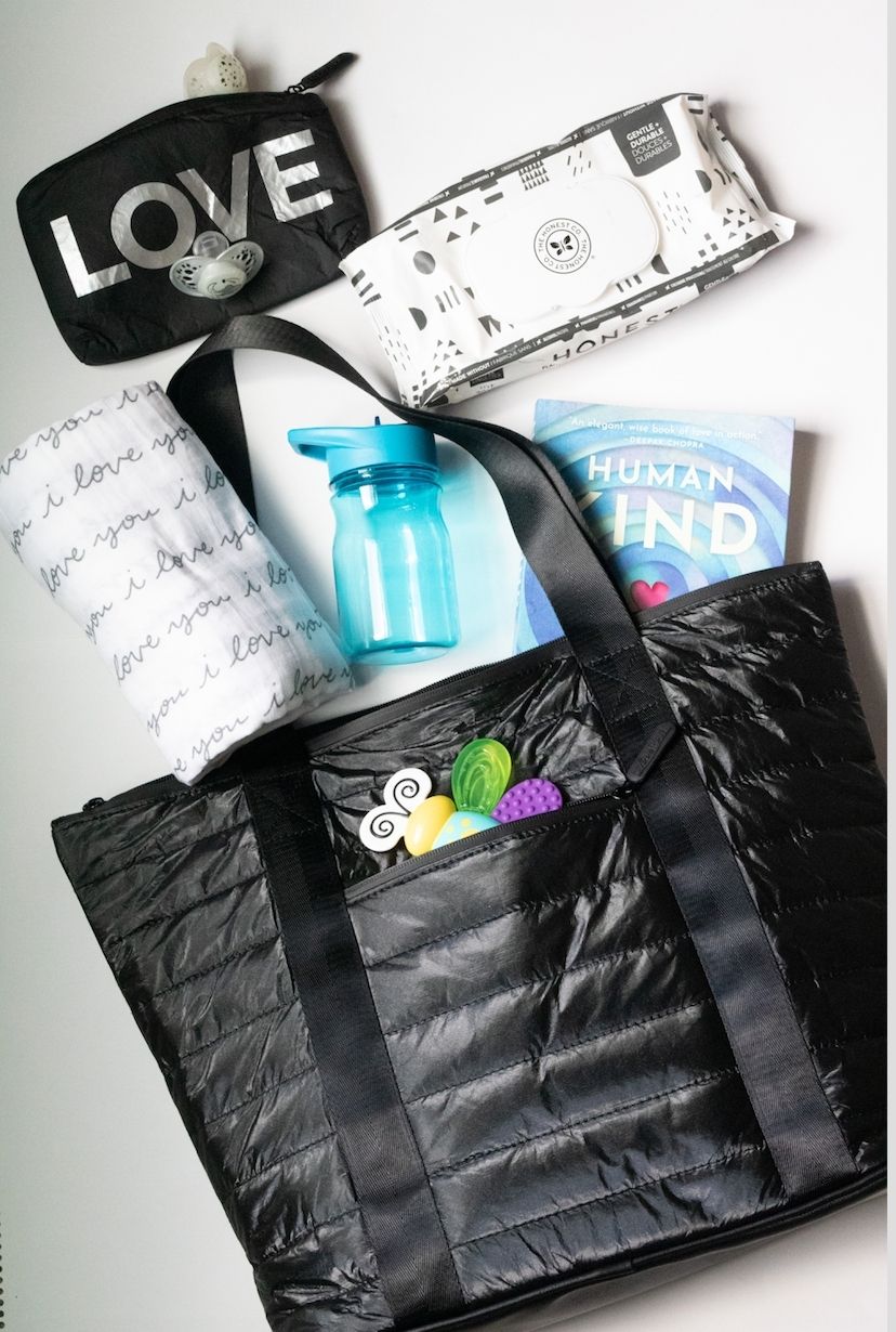 Puffer Tote Bag with Zipper Pockets in Shimmer Black