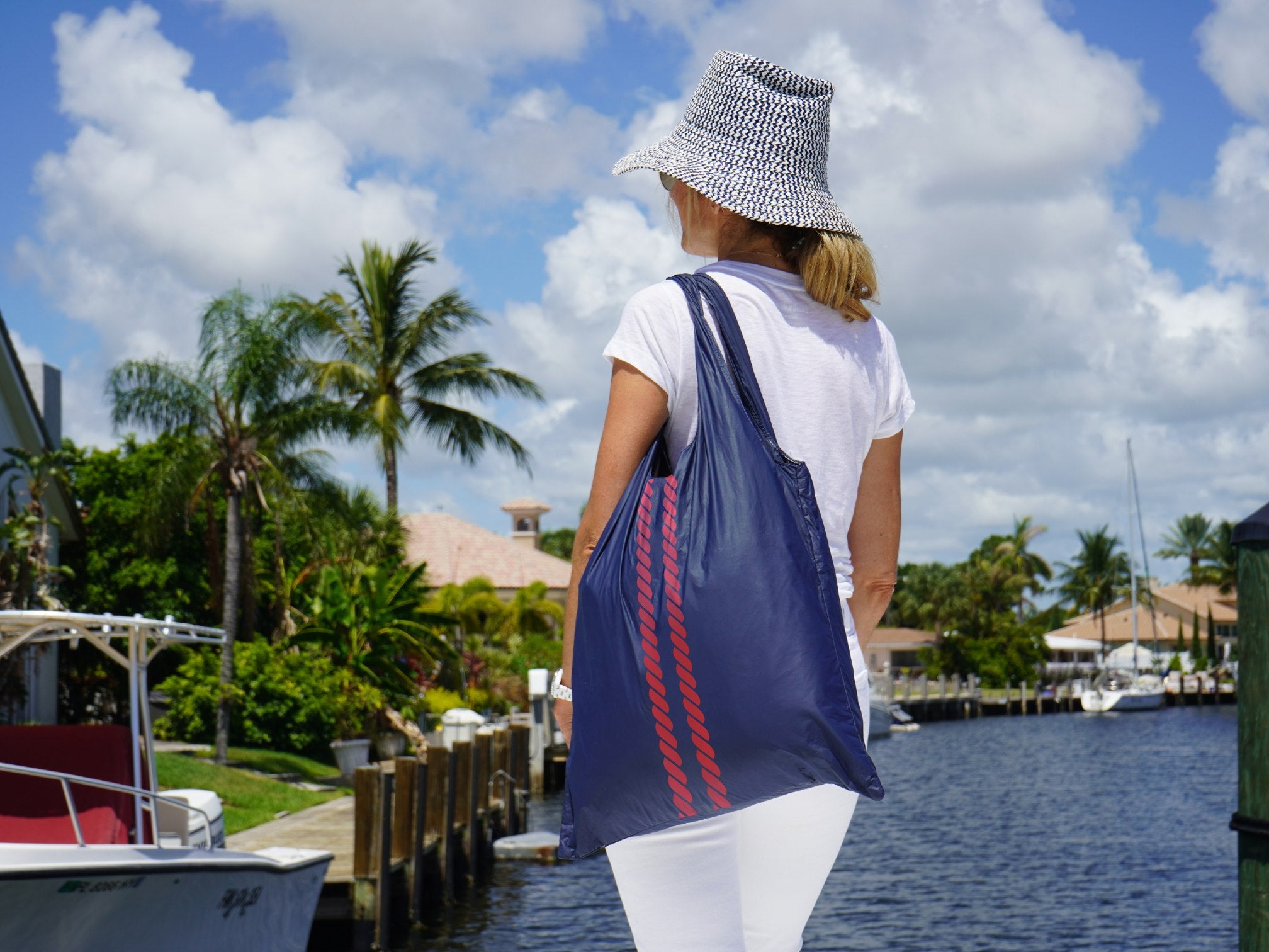 shoulder tote bag navy blue with red stripe