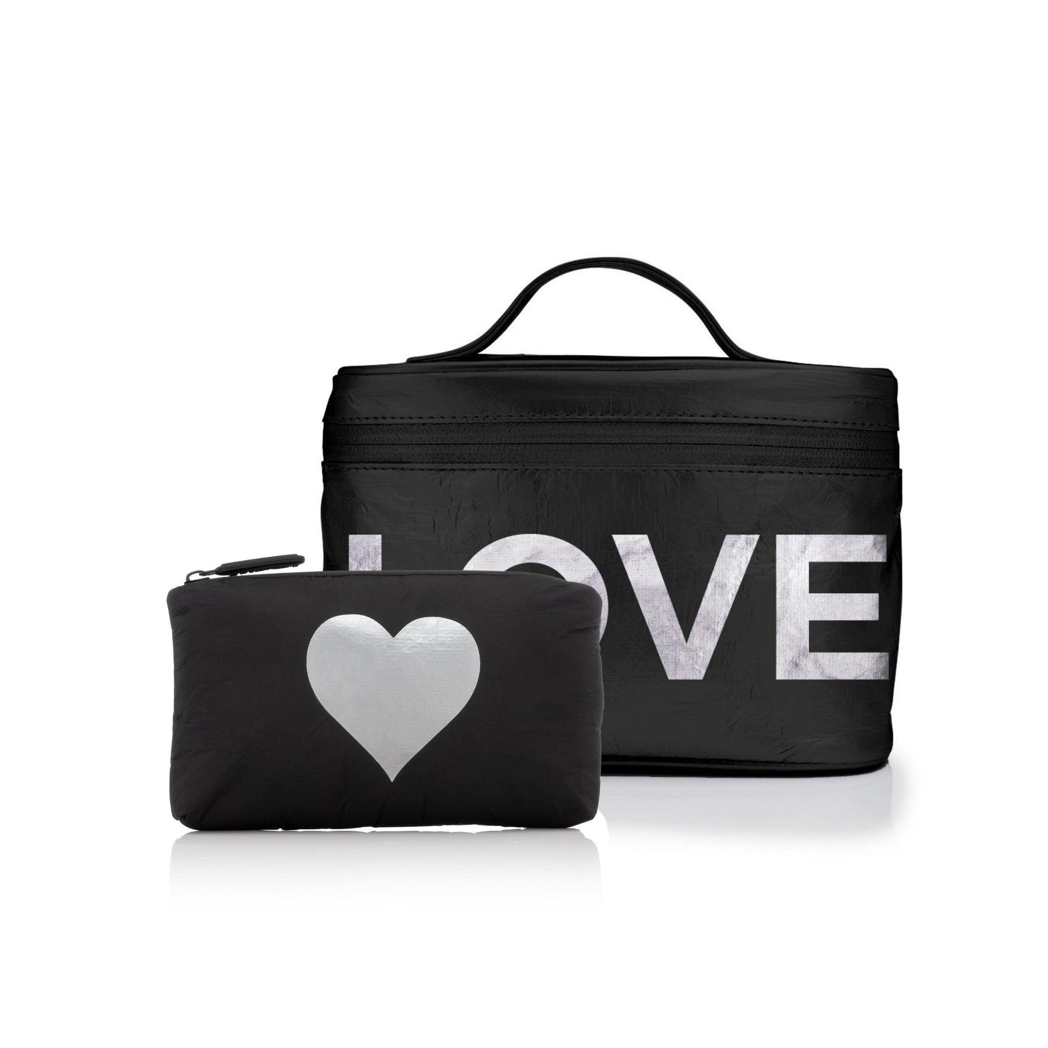 Love Shines Set of Two - Cosmetic Case and Mini Padded Pack - Black with Silver LOVE and Heart