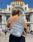 Puffer Crossbody Backpack in Shimmer Gray with Silver Star