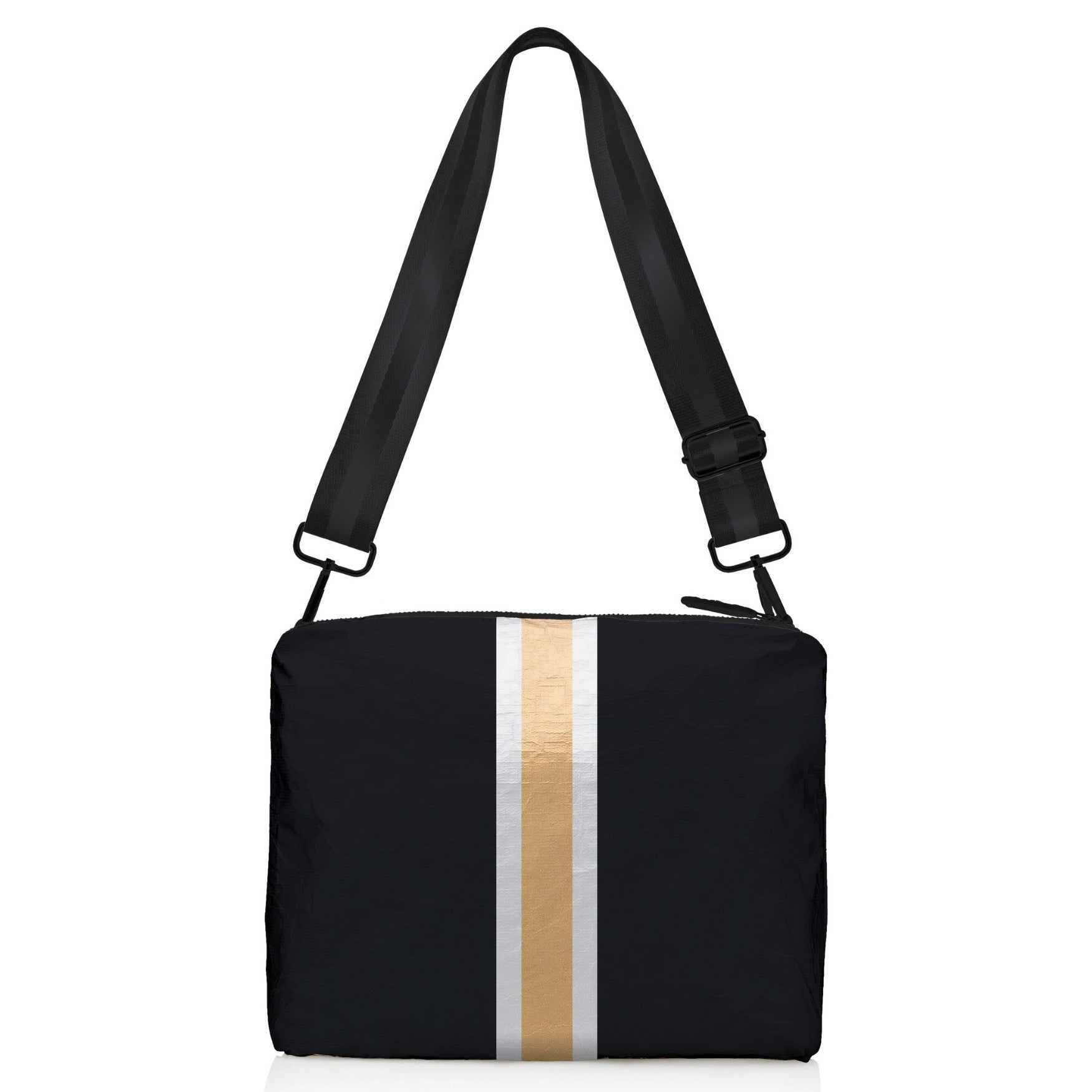 Crossbody Purse in Black with Gold and Silver Stripes