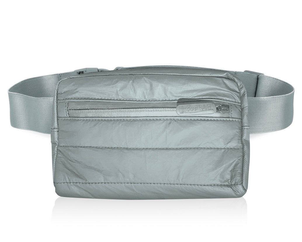 Puffer Crossbody Fanny Pack Belt Bag  Shimmer Gray on White Background
