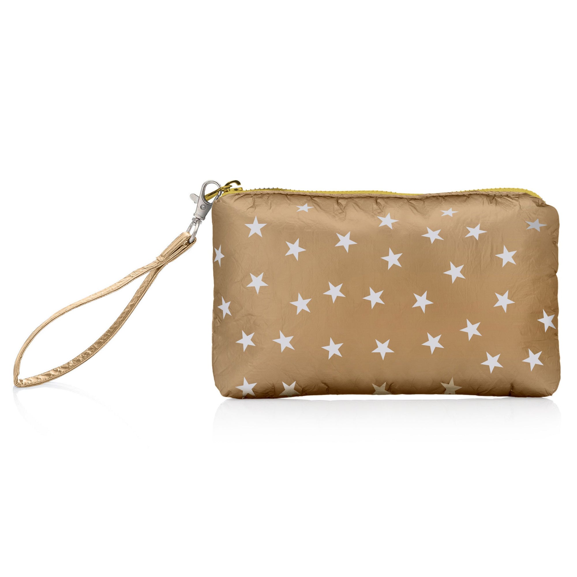 Gold zip wristlet with myriad white stars on white background