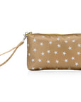 Gold zip wristlet with myriad white stars on white background