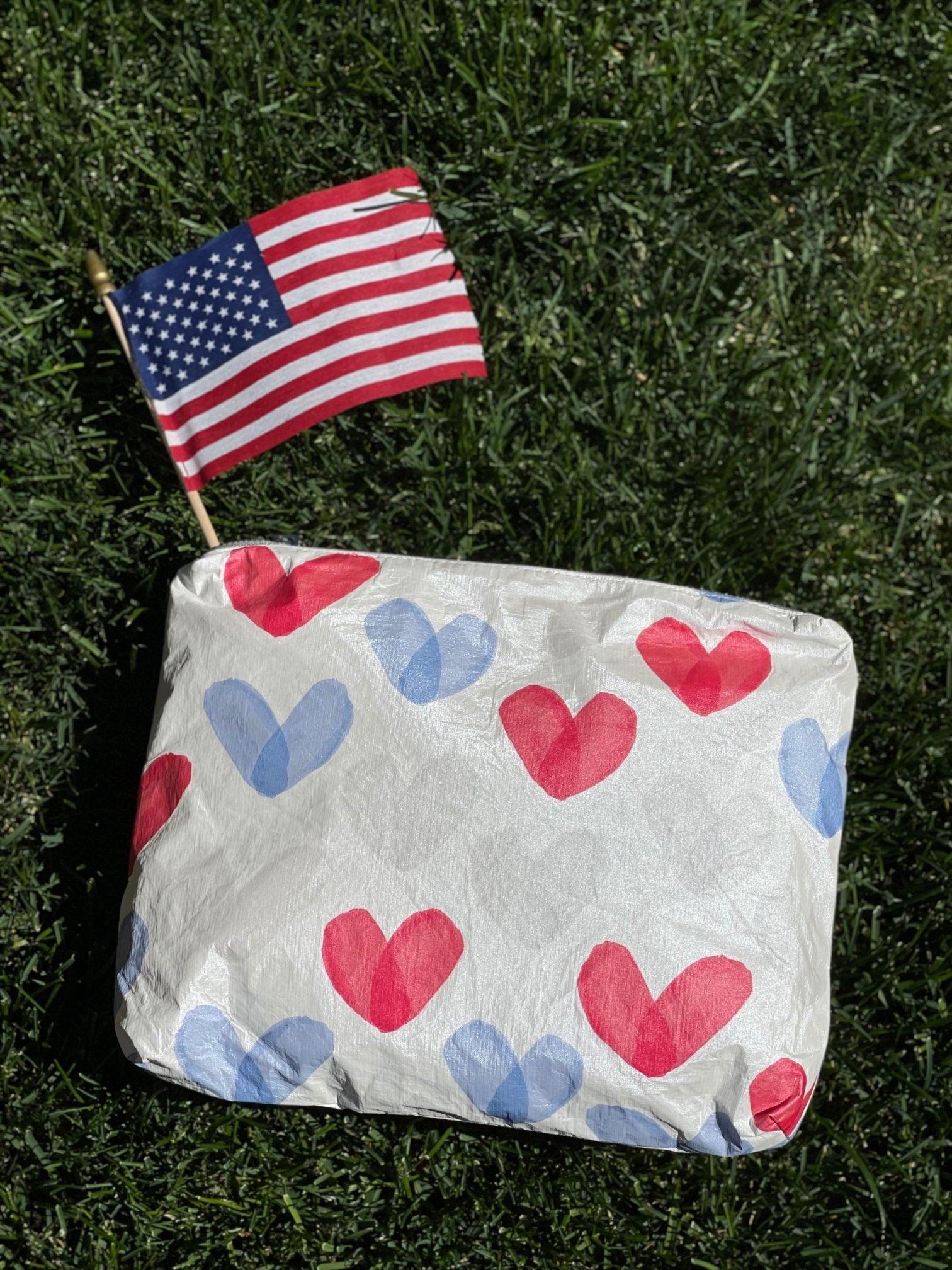 Medium Zipper Pouch in the "Language of Love" Red, White, &amp; Blue Heart Print
