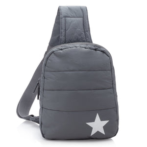 Puffer Crossbody Backpack in Cool Gray with Silver Star