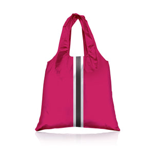 Hot pink carryall tote bag with silver and black stripes