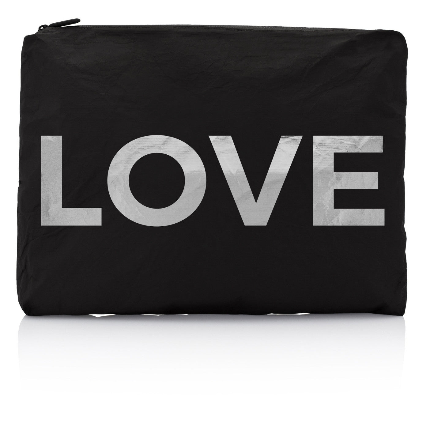 black jumbo zipper pouch with silver love