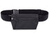 A black lay flat fanny pack belt bag with an adjustable elastic belt a front zipper pocket and inside zipper pocket on white background