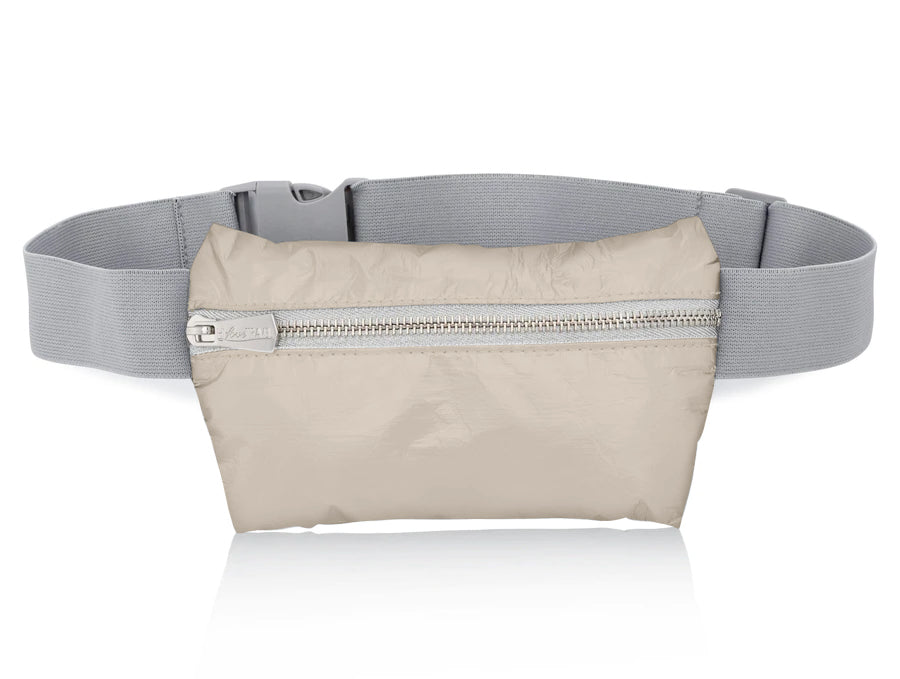 Layflat Fanny Pack Belt Bag in Shimmer Beige on White Background