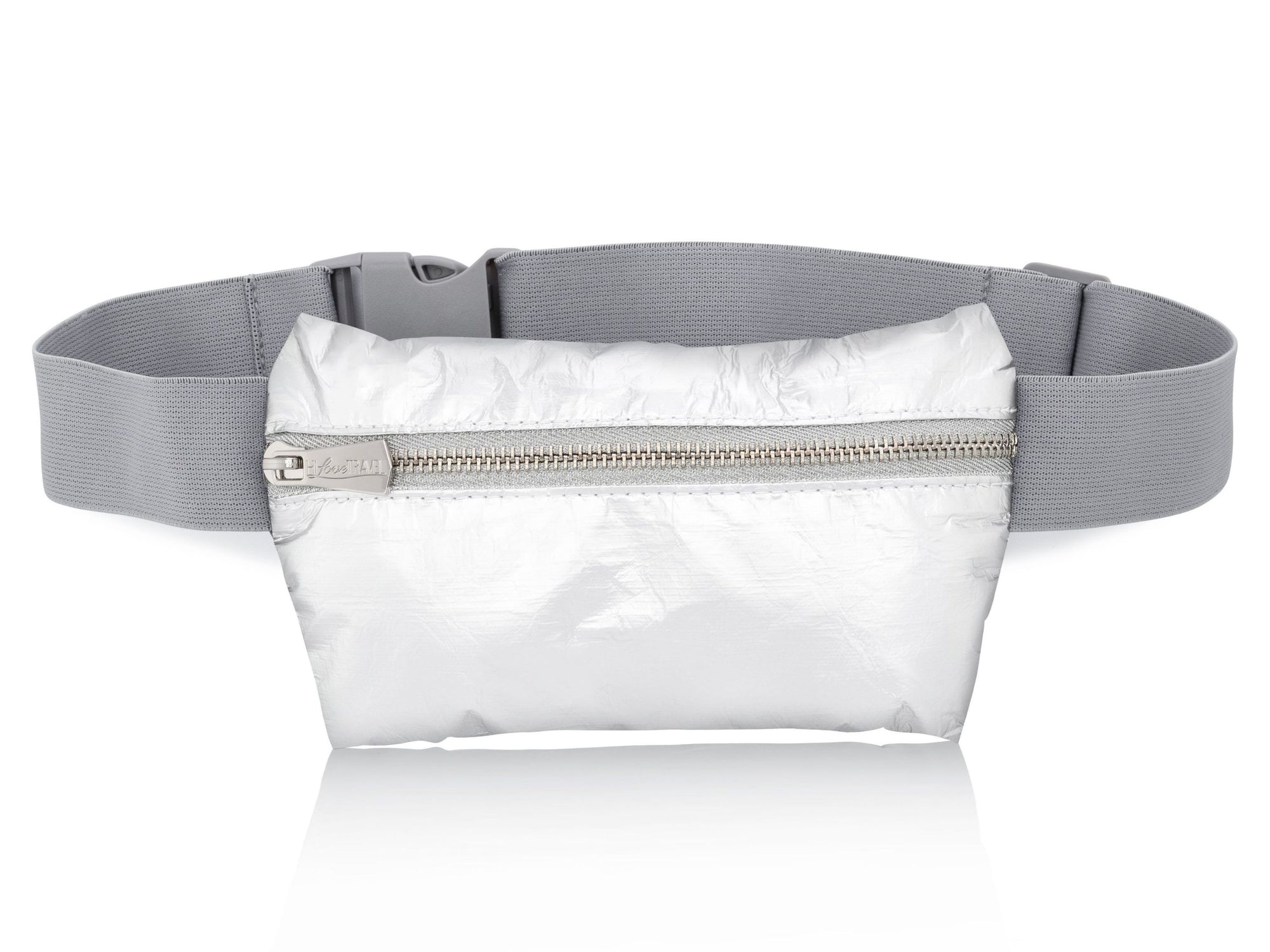 Lay Flat Fanny Pack Belt Bag in Shimmer White with Gray Band on White Background