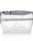 Lay Flat Fanny Pack Belt Bag in Shimmer White with Gray Band on White Background