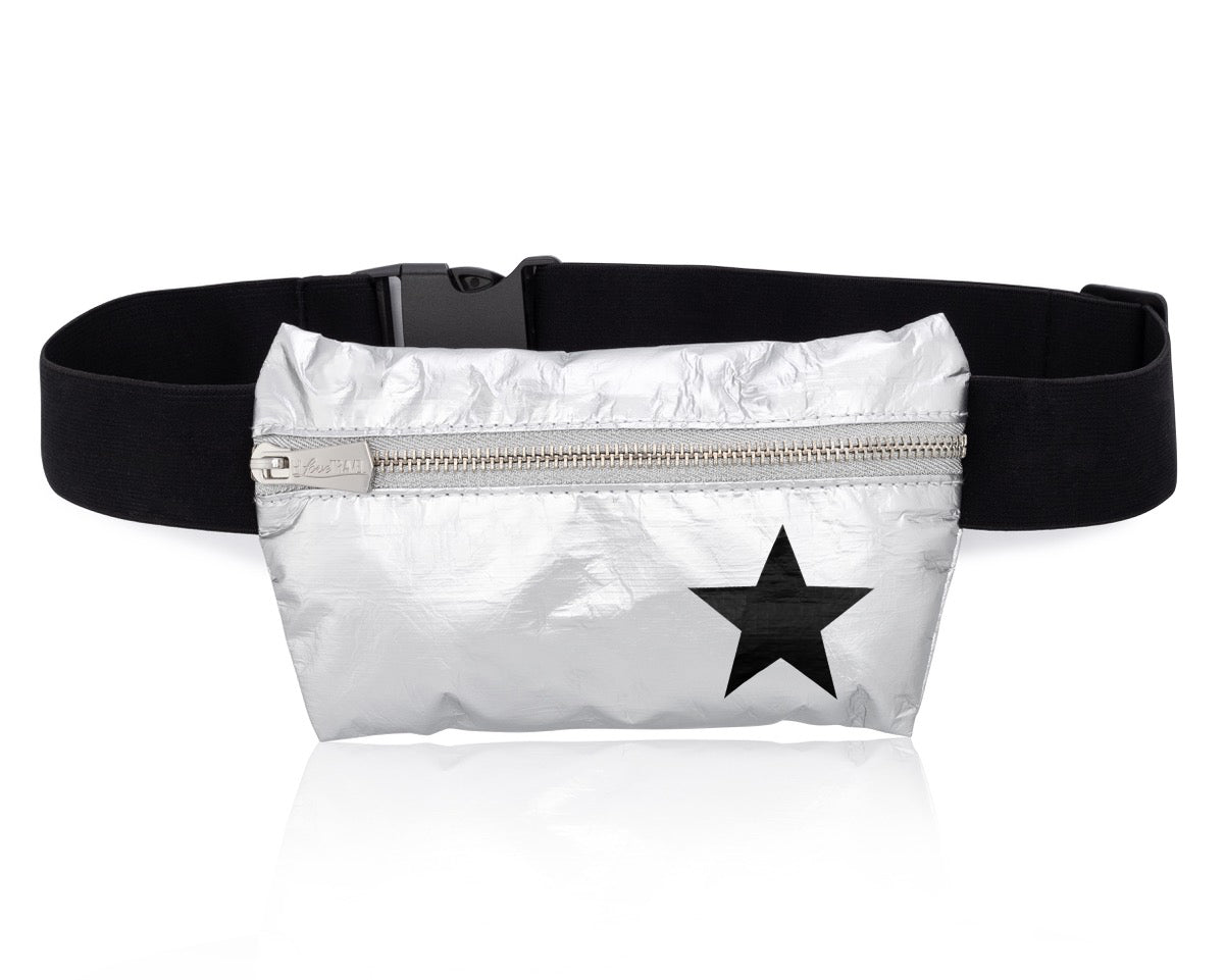 Layflat Fanny Pack Belt Bag in Silver with Black Star on White Background