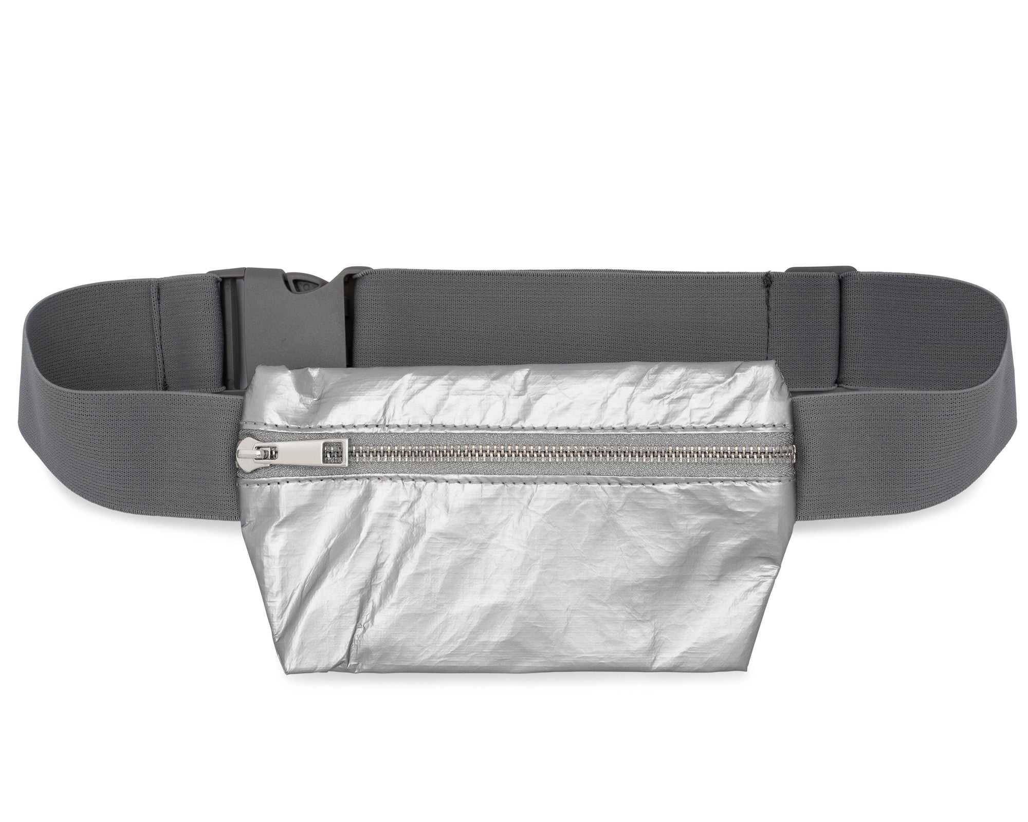 Layflat Fanny Pack Belt Bag in Silver with Gray Strap on White Background