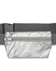 Layflat Fanny Pack Belt Bag in Silver with Gray Strap on White Background