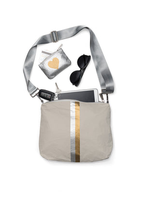 Crossbody Purse in Earth Gray with Silver & Gold Stripes