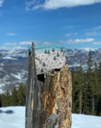 zipper pouch in skiers pattern with slopes in the background
