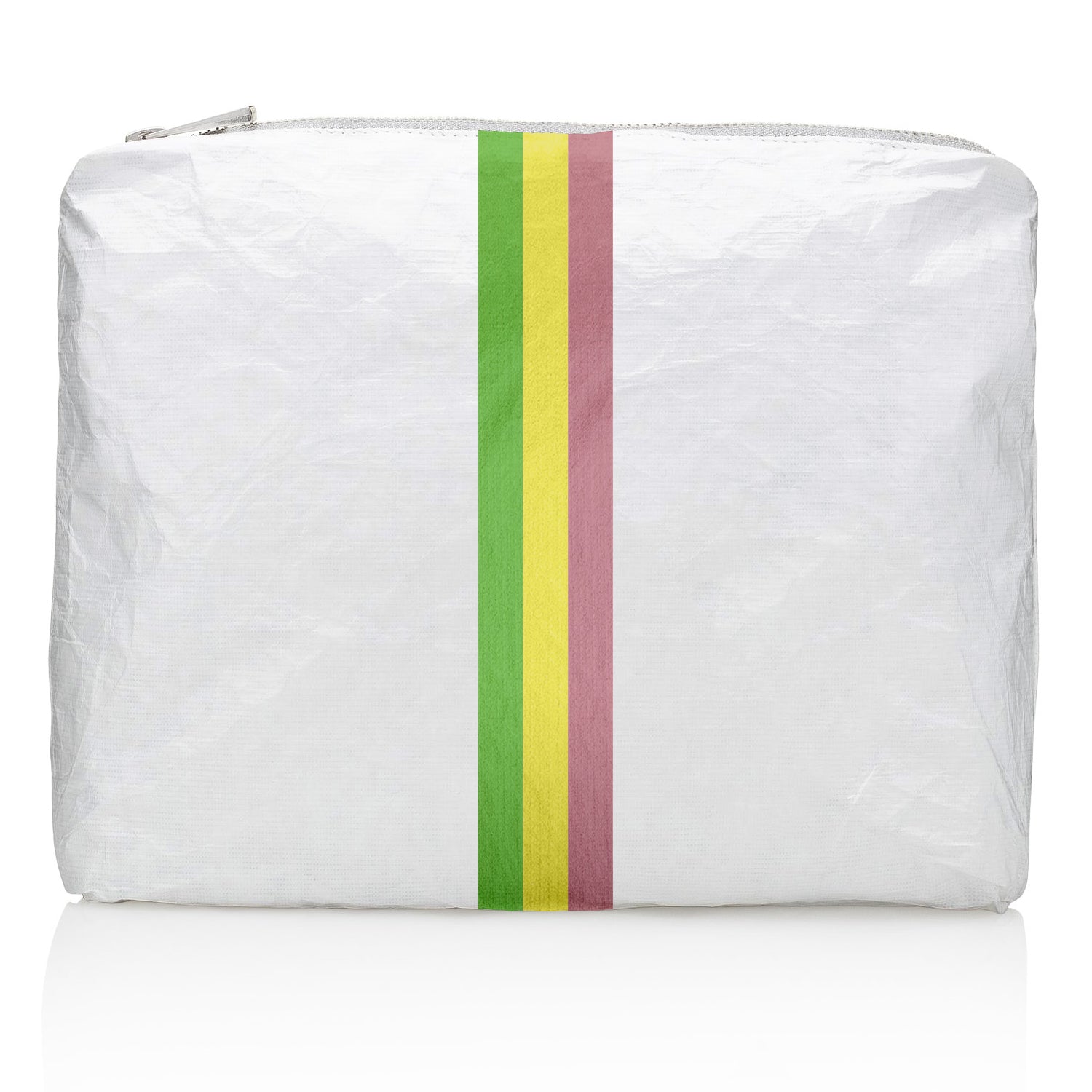 Medium Zipper Pack in Shimmer White with Colorful Green, Yellow, and Pink Stripes