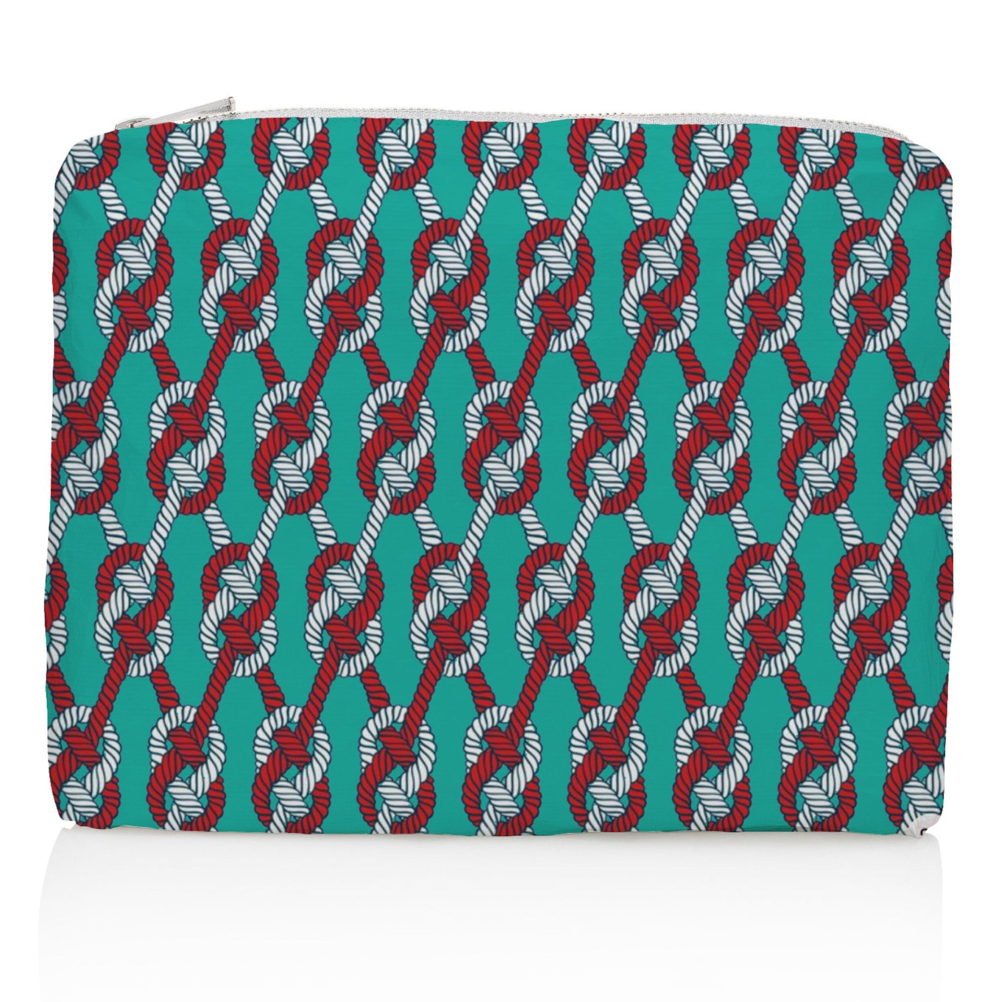 nautical medium zipper pouch in turquoise with red and white knots