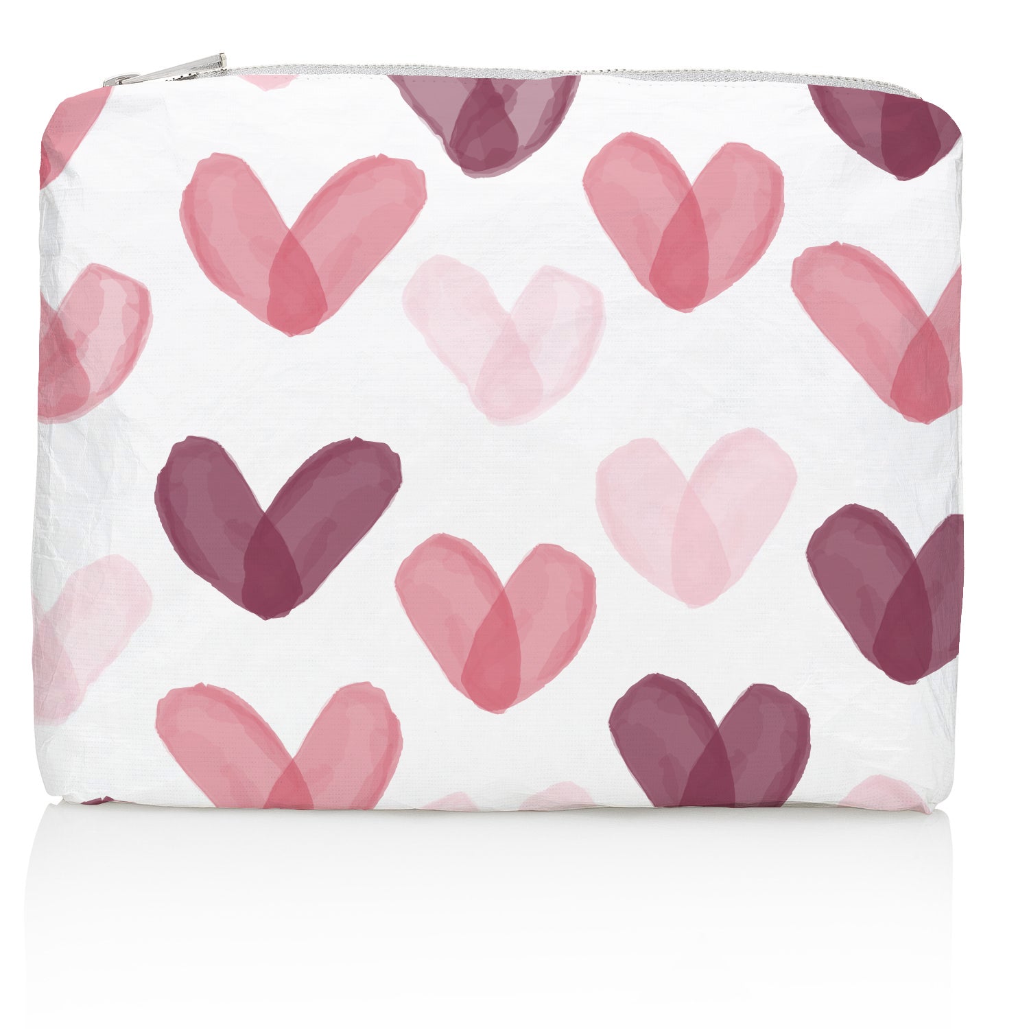 Medium zipper pouch in "Language of Love" heart print on white background