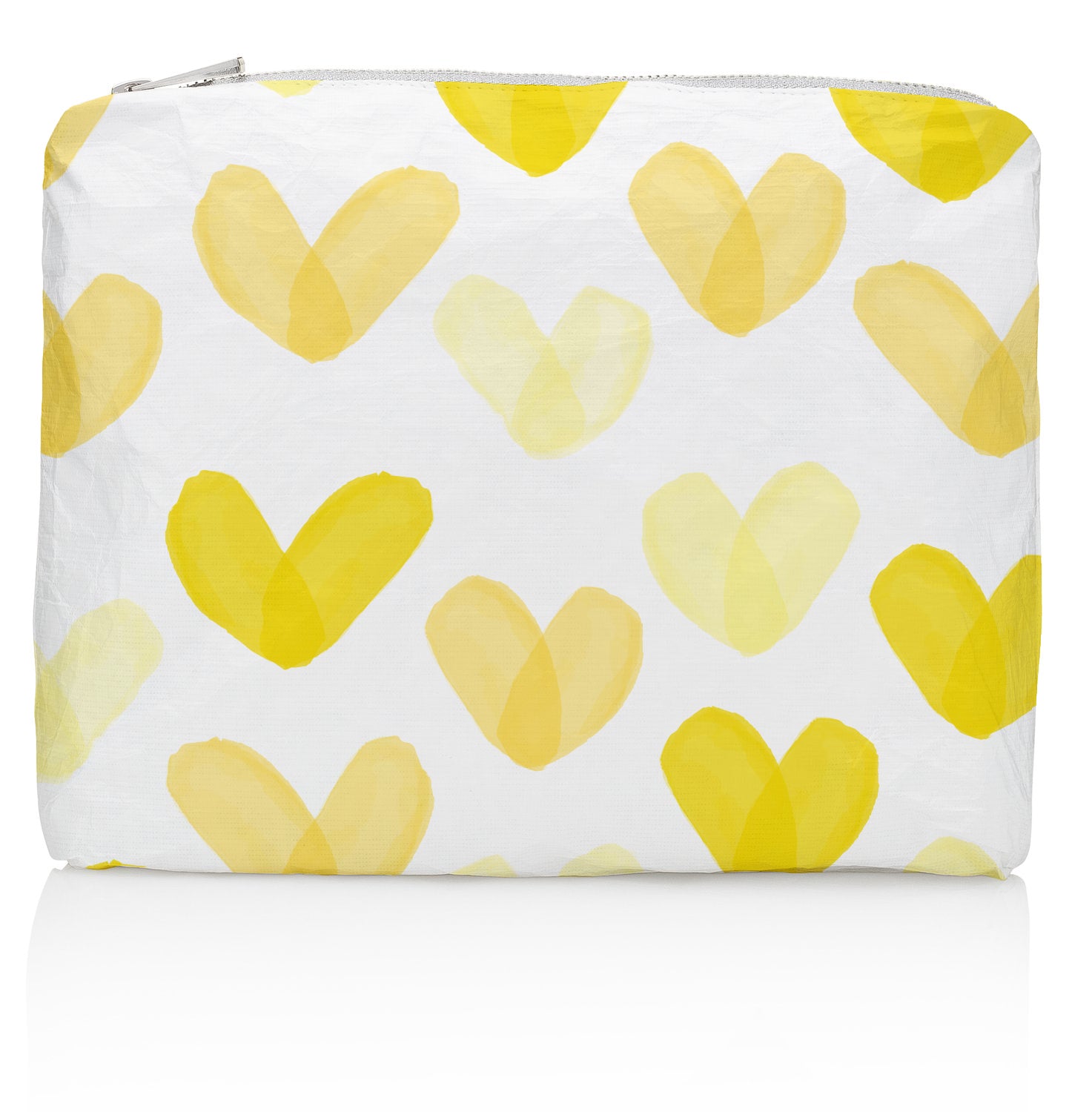A medium-sized zipper pouch with a sunshine yellow heart print on a white background