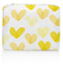 A medium-sized zipper pouch with a sunshine yellow heart print on a white background
