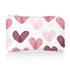 Mini white zipper cosmetic bag with multicolored pink hearts on white background