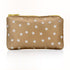 Mini zipper pouch in gold with myriad white stars on white background