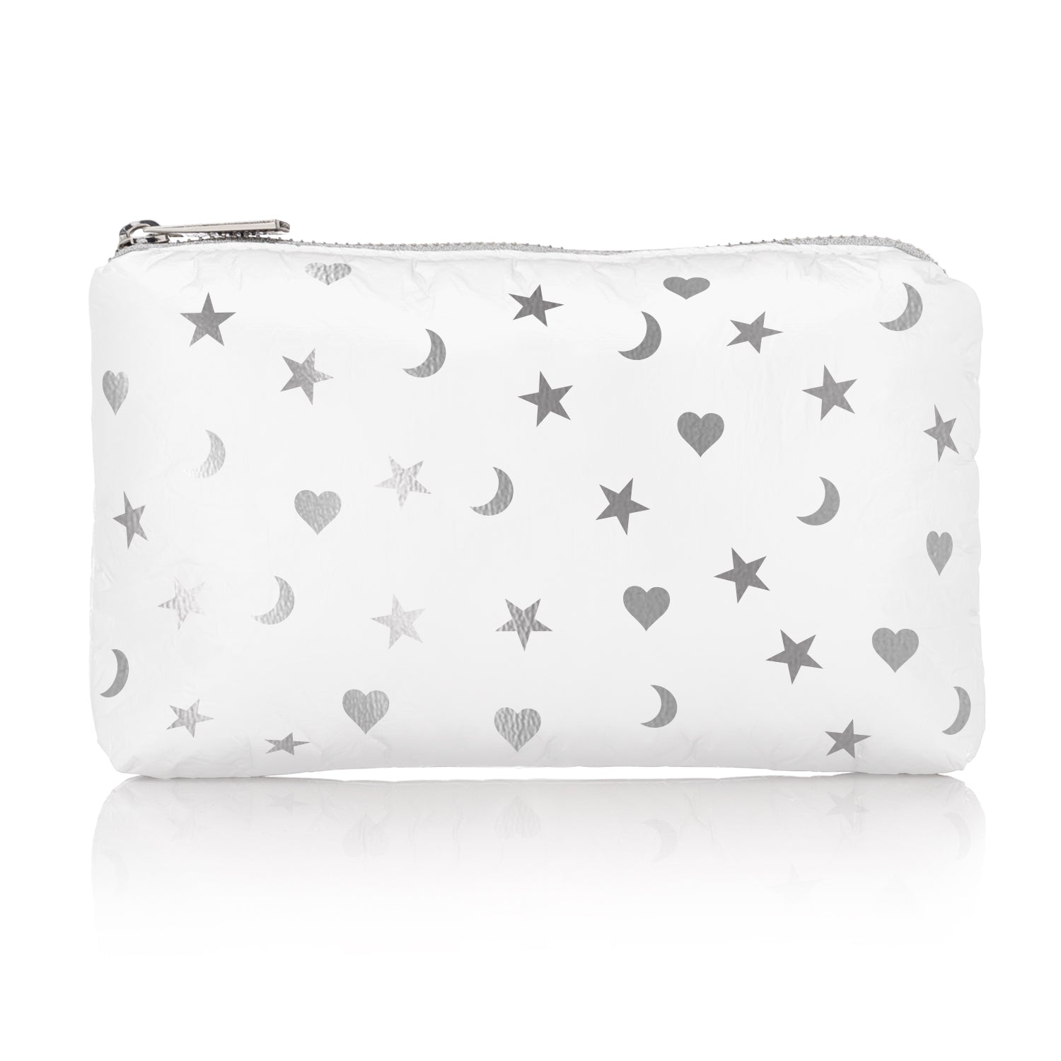 Mini Padded Zipper Pack in Shimmer White with Heart, Moon & Stars