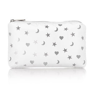 Mini Padded Zipper Pack in Shimmer White with Heart, Moon & Stars