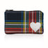 Holiday plaid mini pouch with zipper and white heart on white background