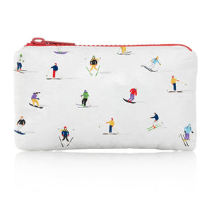 mini pouch with red zipper in dancing skiers pattern