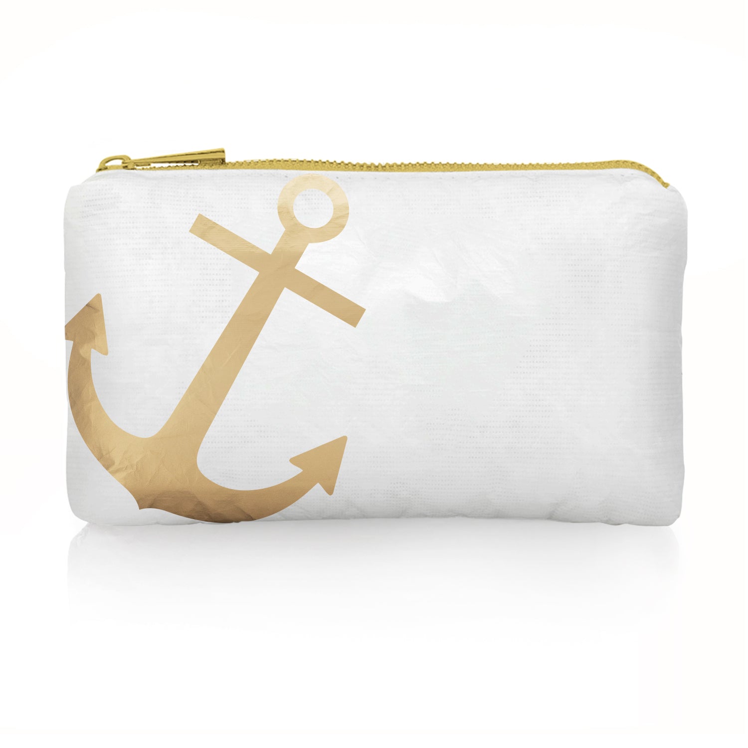 white mini zipper pack with gold anchor