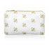 Mini zipper pouch in shimmer white with gold bee pattern on white background