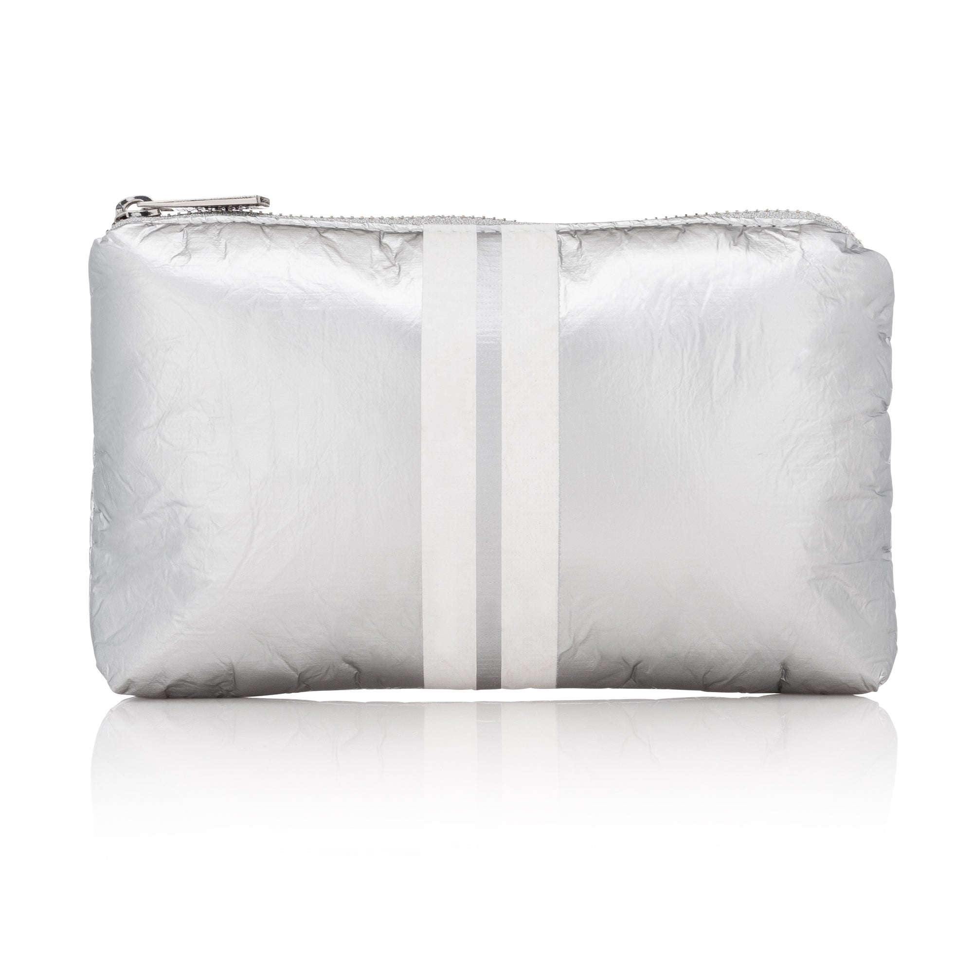 Cute Travel Bag in Mini zipper pouch  Metallic Silver with Shimmer White Stripes on white background