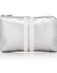 Cute Travel Bag in Mini zipper pouch  Metallic Silver with Shimmer White Stripes on white background
