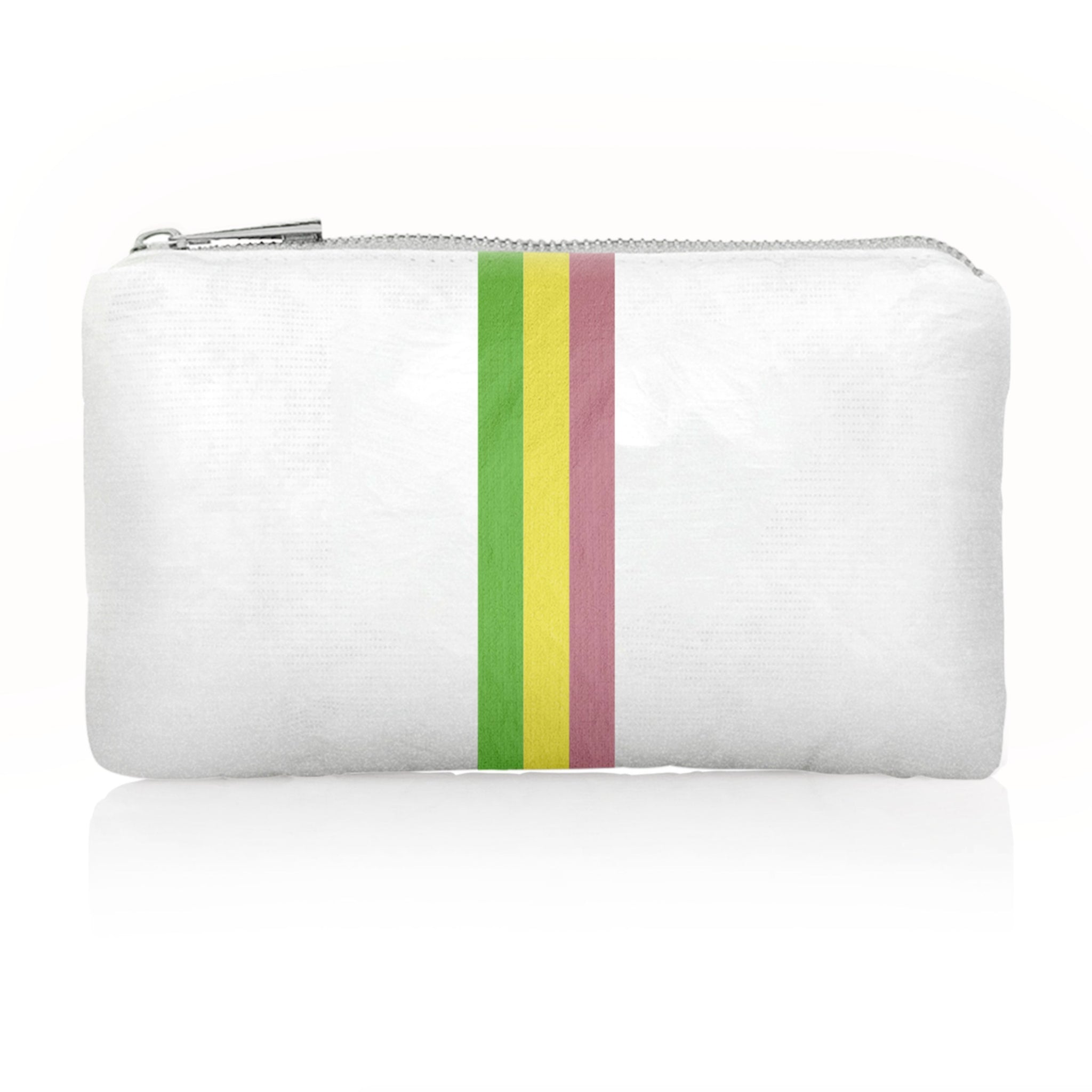 Mini Zipper Pack in Shimmer White with Colorful Green, Yellow, and Pink Stripes