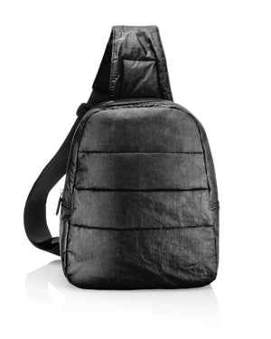 Puffer crossbody backpack in shimmer black for on-the-go occasions 